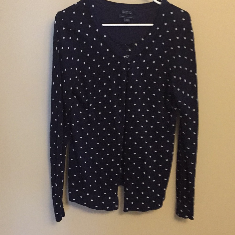 Navy blue and white polka dot cardigan sweater